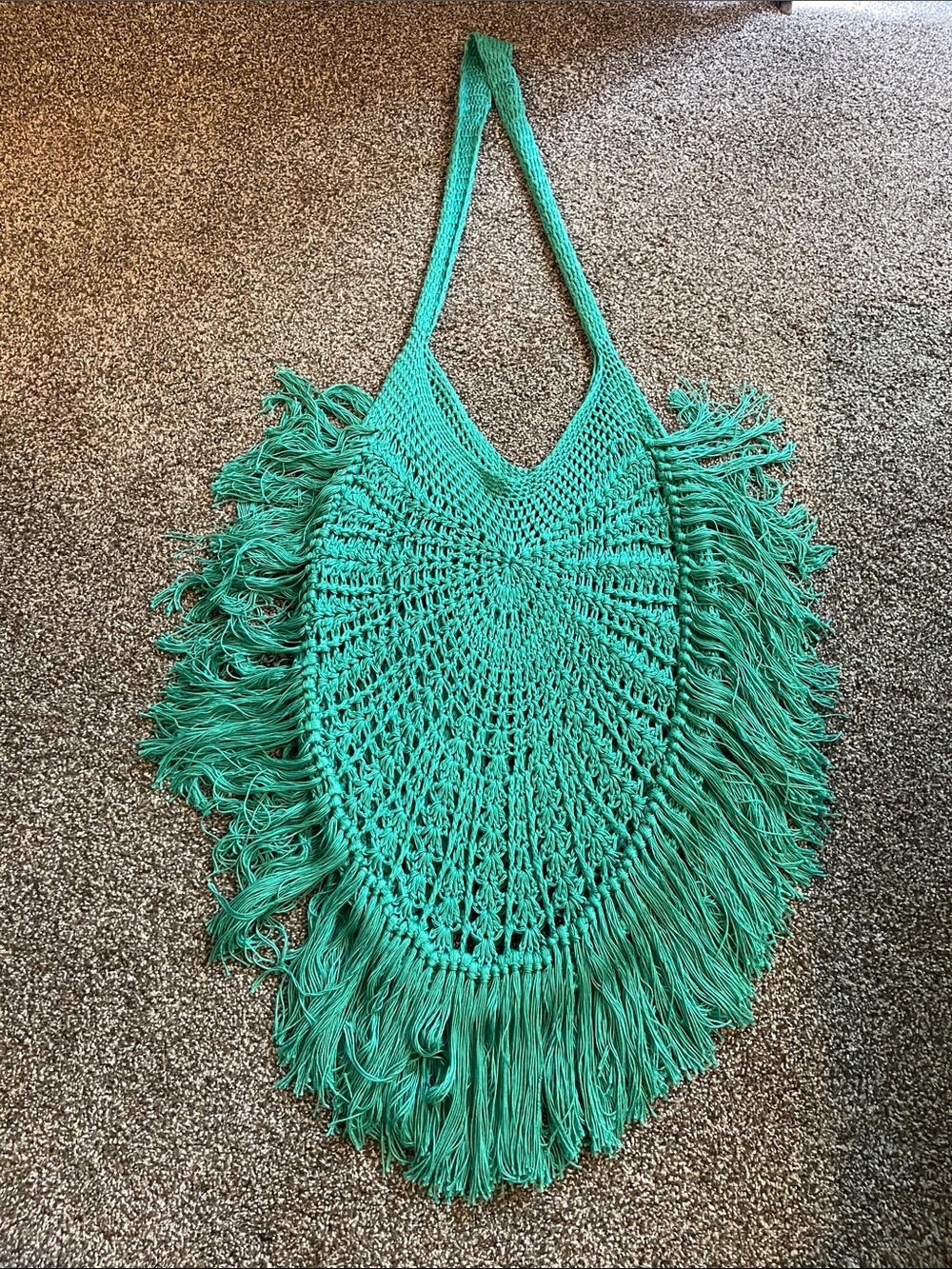 Vintage Teal Crochet Fringe Tote Bag
